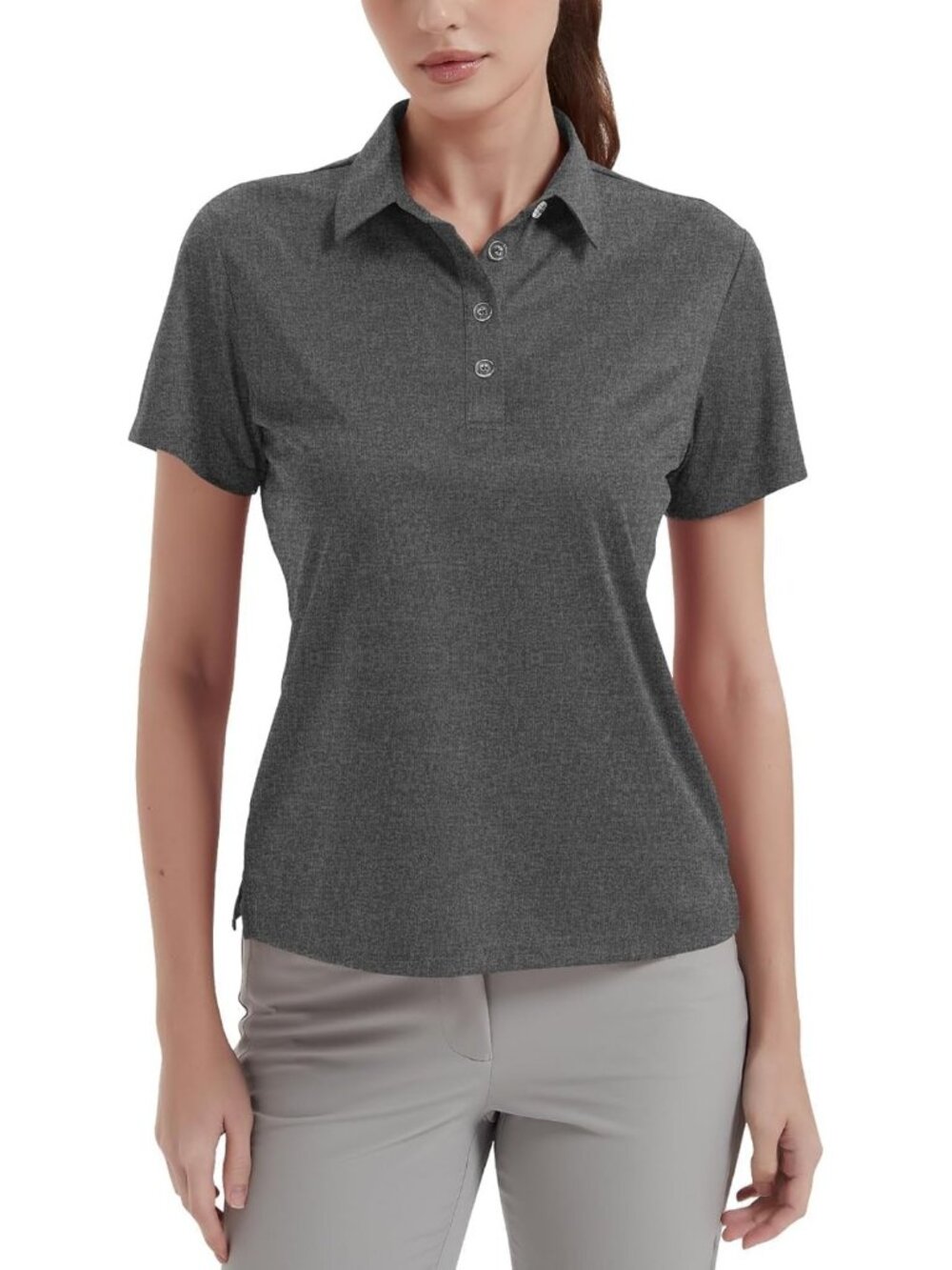 Women's Heather Grey 4 Buttons UPF 50+ Short Sleeve Shirt Collared Quick Dry Top